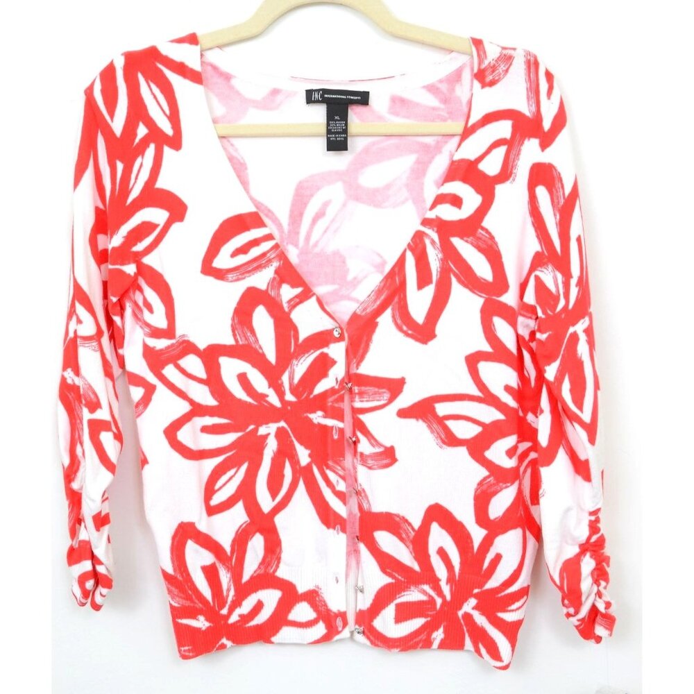 Women's XL Red Artsy Red Flower Rhinestone Buttons Cardigan Travel Feminine